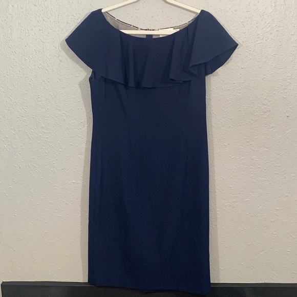 Eliza J Navy Blue Ruffle Neckline Lace Back Dress        size 12 - Picture 2 of 15